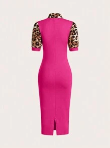 SHEIN Unity 女士圆领豹纹拼色褶皱优雅紧身连衣裙（随机印花）长款女装 - 玫紅色 - 查看 2