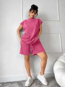 SHEIN SXY 2pcs Set: Distressed Casual Outfit - Dropped Shoulder Tee & Wide Leg Bermuda Shorts, Summer - Hot Pink - View 3