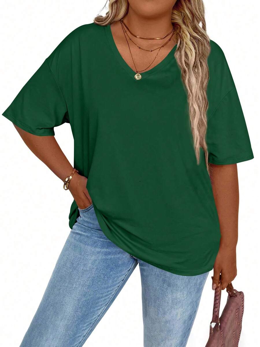 EMERY ROSE Plus Size Summer Casual Solid Color Loose Batwing T-Shirt