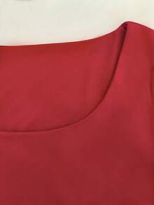 XLLAIS Áo thun nữ tay ngắn cổ vuông màu trơn, dáng ôm co giãn, màu đỏ, kiểu dáng thường ngày mùa hè, phiên bản đón năm mới. - Đỏ - Xem 8