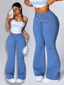 SHEIN ICON 女式休闲破洞修身喇叭牛仔裤 - 藍色 - 查看 1