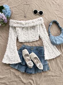 Soleia 1 件女式度假白色心形图案双面羊毛露肩喇叭袖短款上衣，秋季 - 白色 - 查看 7