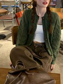 女士高端韩版长袖针织开衫复古纽扣秋冬圣诞绿日常约会通勤长袖上衣 - 綠色 - 查看 6