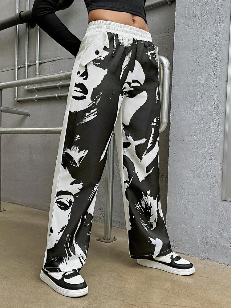 SHEIN Teen Girl's Black & White Personalized Portrait Print Casual Pocketed Straight Leg Pants - Black and White - View 6