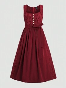 Fairmaia Women's 1pc Square Neck Solid Color Front Button Jacquard Sleeveless Dirndl Dress&Apron,Summer,Traditional,Wedding,Oktoberfest,Renaissance,Bavarian - Red - View 1