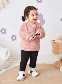 SHEIN 女宝宝弹力腰纯色针织休闲裤，秋冬 - 黑色 - 查看 4