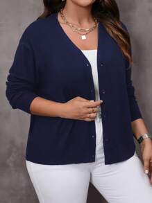 Cardigan de Gola V de Cor Sólida Plus Size para Outono/Inverno - Azul Royal - Visão 5