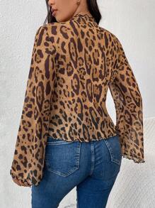 SHEIN Frenchy 大码女式豹纹荷叶边长袖系带T恤 - 彩色 - 查看 3