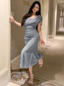 DAZY Đầm ngắn tay cổ lệch màu trơn cho nữ, thích hợp dự tiệc sinh nhật, dạ hội, tiệc năm mới, đầm maxi thanh lịch, đầm cưới. - Màu xanh nhạt - Xem 4