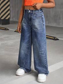 SHEIN Tween Girls Y2K 2000s Retro Washed Baggy Casual Denim Wide Leg Jeans ,Girls Fall Clothes Back To School Streetwear Outfits - Medium Wash - View 4