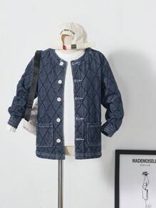 YOUNG BOY Retro Casual Dark Blue Washed Diamond Jacquard Flat Pockets Round Neck Jacket - Dark Wash - View 5