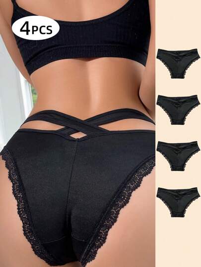 4pcs/Pack Women Lace Trim Criss-Cross Hipster Briefs