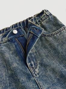 SHEIN 少女纯色口袋纽扣细节休闲牛仔裤 - 深色水洗藍 - 查看 3