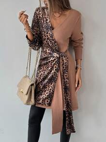 SHEIN Clasi Women's Spring/Autumn Leopard Patchwork Side Tie Knot Long Sleeve Cardigan Fall Cloth For Women - Multicolor - View 5