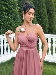 SHEIN Belle Women's Elegant Long Dress, Chiffon Spaghetti Strap Slit Dress, Summer Long Dress, Party Cocktail Dress, Formal Gown - Dusty Pink - View 3
