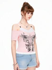 ROMWE Goth Women Off Shoulder Backless Short Sleeve Floral Lace Trim Sweet T-Shirt