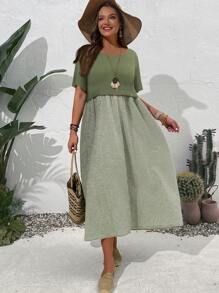 EMERY ROSE Vestido de manga corta de talla grande para mujer con unicolor y parche a cuadros