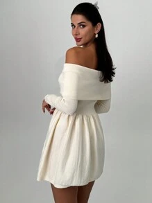 Firerie Dames chique elegante off shoulder lange mouw A-lijn korte gebreide trui jurk, herfst/winter