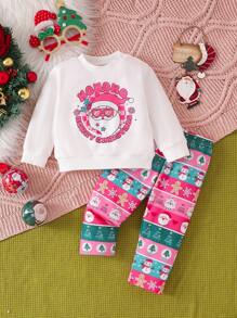 Bộ trang phục Giáng sinh 2 món cho bé gái, áo trắng in hình ông già Noel và quần dệt kim rộng rãi họa tiết, thường ngày mùa đông - Nhiều màu - Xem 1