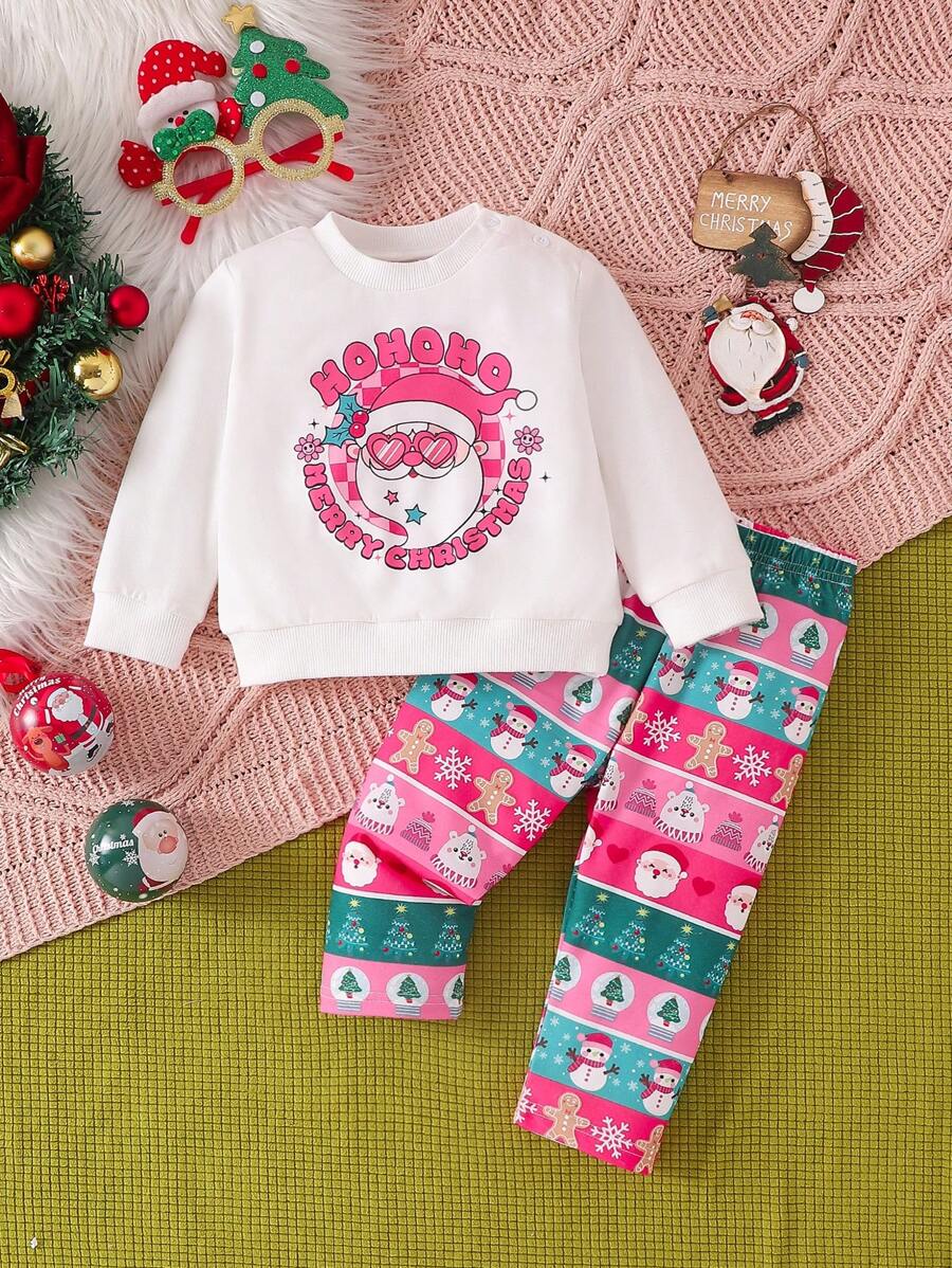 Bộ trang phục Giáng sinh 2 món cho bé gái, áo trắng in hình ông già Noel và quần dệt kim rộng rãi họa tiết, thường ngày mùa đông - Nhiều màu - Xem 1