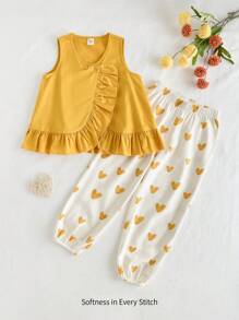 Cozy Pixies 2pcs Girl Sets - Solid Round Neck Ruffle Sleeveless Top And Polka Dot Pants - Brown - View 1