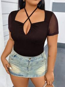 Flirla Camiseta elegante ajustada de talla grande con cuello de halter con cordón cruzado, manga corta y malla