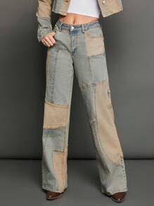 WESTFADE Premium 99% Cotton Denim Mid Rise Patchwork Y2K Wide Leg Jeans - Light Wash - View 1