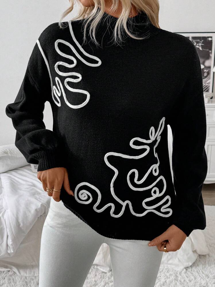 SHEIN LUNE Women's Casual Autumn/Winter Crew Neck Embroidered Sweater, Knit Pullover Fall - Black - View 4