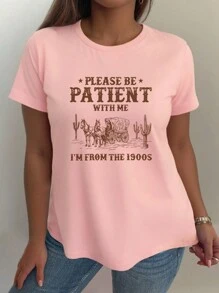 INAWLY 大码复古 1900 年代舒适短袖图案 T 恤上衣，女式夏季 T 恤 - 粉色 - 查看 3