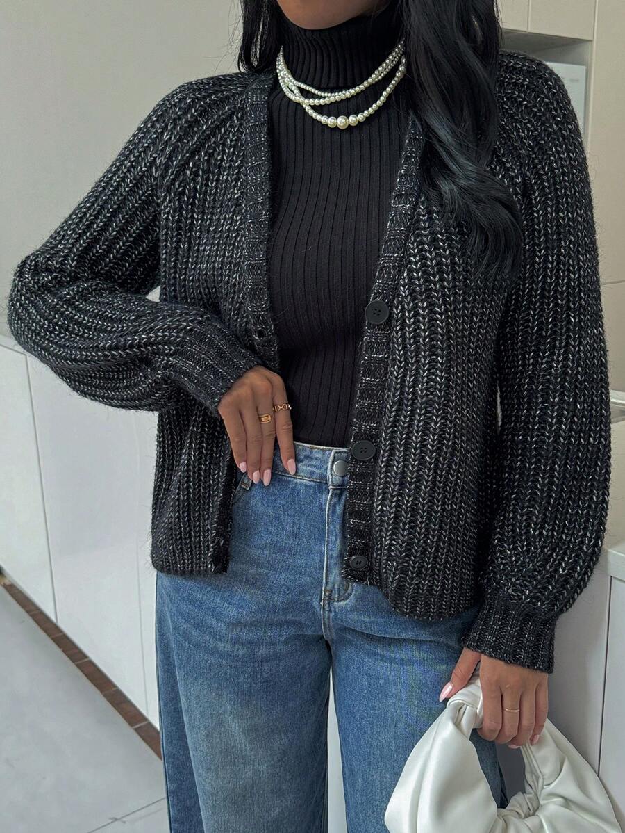 SHEIN Essnce 2024 Fall New Dark-Color Short Knitted Cardigan, Black Sweater,Fall Sweaters,Fall Clothes - Dark Grey - View 1