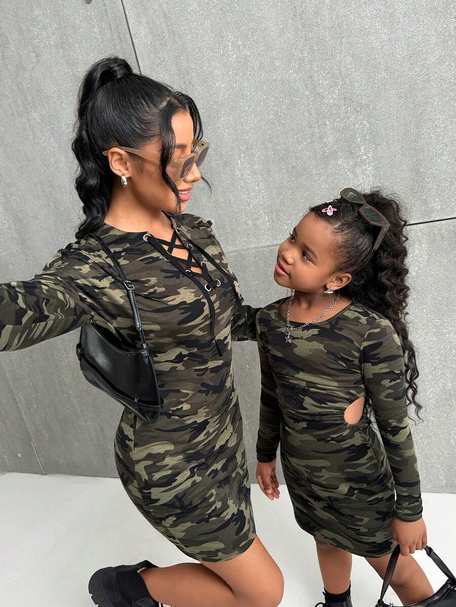 SHEIN Essnce 女式春夏长袖孔眼系带口袋修身迷你连衣裙 - 彩色 - 查看 1