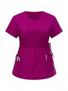 SHEIN TaskFit Plus Size V-Neck Drawstring Pocket Short Sleeve Top And Elastic Waist Pants Uniform Scrub Set - Hot Pink - View 3