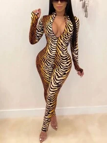 SHEIN Women's Tiger Print Long Sleeve Jumpsuit Fall Cloth For Women - Multicolor - View 1