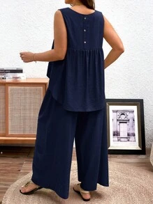 Franclia Bộ 2 áo ba lỗ và quần thường ngày cỡ lớn - Màu xanh hải quân - Xem 2