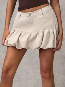 SHEIN BAE 女士卡其色纯色简约百搭休闲派对气球裙，时尚迷你蓬松裙 - 杏色 - 查看 4