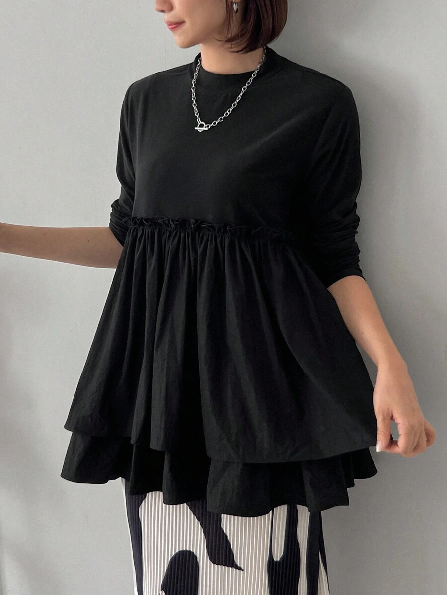 FRIFUL Áo thun nữ dáng chữ A vải chắp vá, áo dài tay nhún bèo cho nữ - màu đen - Xem 1