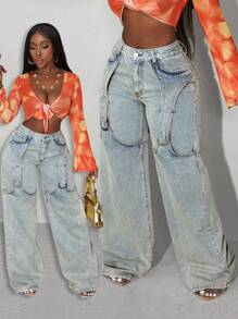 Slaydiva 纯色纽扣口袋休闲阔腿牛仔裤，女士休闲纽扣、口袋、拉链低腰阔腿长款轻洗宽松女式牛仔裤，春秋季，休闲日常穿着 - 淺色水洗藍 - 查看 4