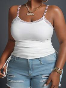 Slaydiva Plus Size Eenvoudig Camisole Topje Met Trekkoord, Bloemenversiering, Wit, Zomer