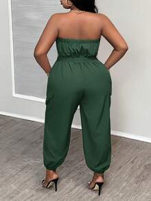 Slaydiva 大码女式纯色连体裤，配有腰带、口袋和卷边裤脚，休闲街头风格 - 墨綠色 - 查看 2