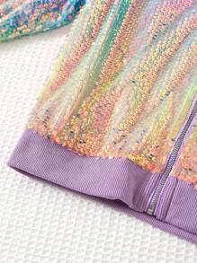 SHEIN Young Girl Woven Sequin Trim Stand Collar Fitted Casual Jacket,In Fall/Winter