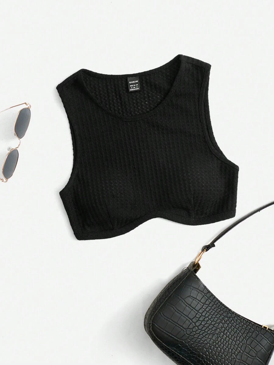 SHEIN EZwear Parte superior de verano, negra, de punto de gofre sólido y corta - Negro - Ver 1