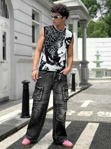 Manfinity Roghcode 男士时尚蜘蛛网图案针织毛衣背心，春秋骷髅毛衣 - 黑與白 - 查看 1