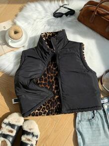 Comfortcana 秋冬休闲豹纹立领羊毛无袖夹克 - 彩色 - 查看 7