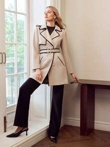 MOTF PREMIUM 撞色绑带扣腰带双排扣风衣 - 卡其色 - 查看 6