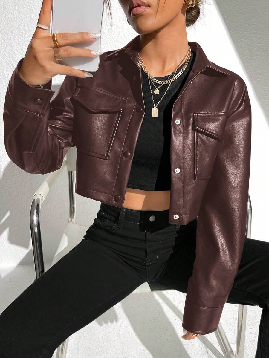 Muchica 女式纯色春/秋实用口袋长袖 PU 皮革短夹克 - 棕色 - 查看 1