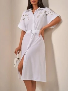 EURMUSE Placement Eyelet Embroidered Front Button  Shell Belt Long Dress - White - View 5