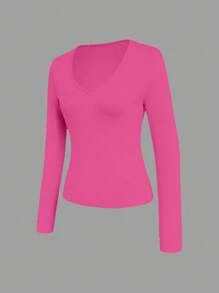 INAWLY Women's Solid Color V-Neck Long Sleeve Slim Fit T-Shirt, Spring & Summer Fall Cloth For Women