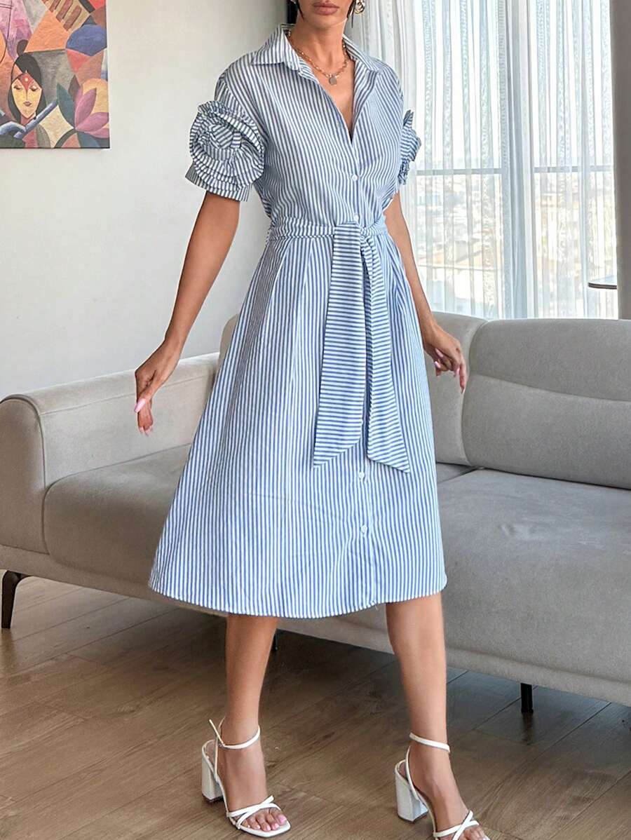 RueChic Embroidery  Detailed A Line  Shirt Dress - Blue and White - View 1