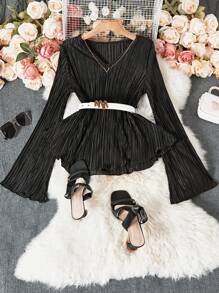 Chiquease 女士褶皱 V 领长袖基本款衬衫 - 黑色 - 查看 1