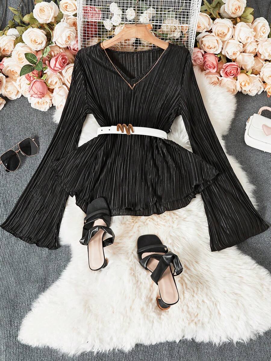 Chiquease 女士褶皱 V 领长袖基本款衬衫 - 黑色 - 查看 1